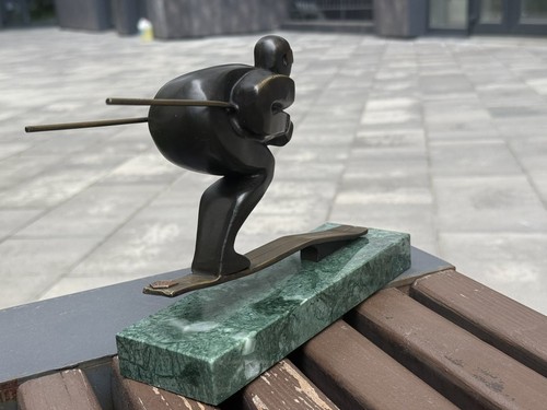 Skier bronze sculpture statue - bronze,